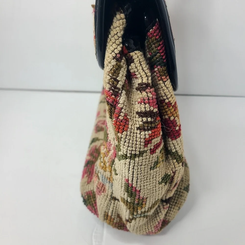 Vintage Needlepoint Floral Tapestry Satchel Handbag Double Handle Grannycore